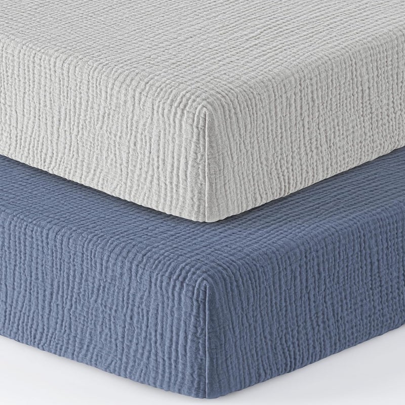 Bearmoss Muslin Mini Crib Sheets for Pack N Play Mattress - 100% Cotton - 38"x26" Soft Breathable Playard Baby Crib Sheets Neutral for Boys Girls - 2 Pack (Blue Elephant) - Image 1